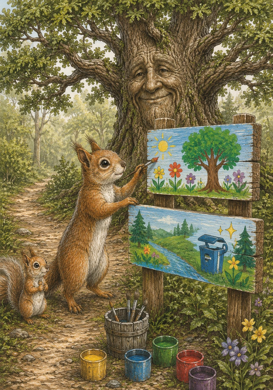 To make sure others protect the woods too, Aidan paints bright, cheerful wooden signs that say Please Protect Our Home and Keep the Forest Clean. He places them proudly at the entrance of the forest trails for all visitors to see.