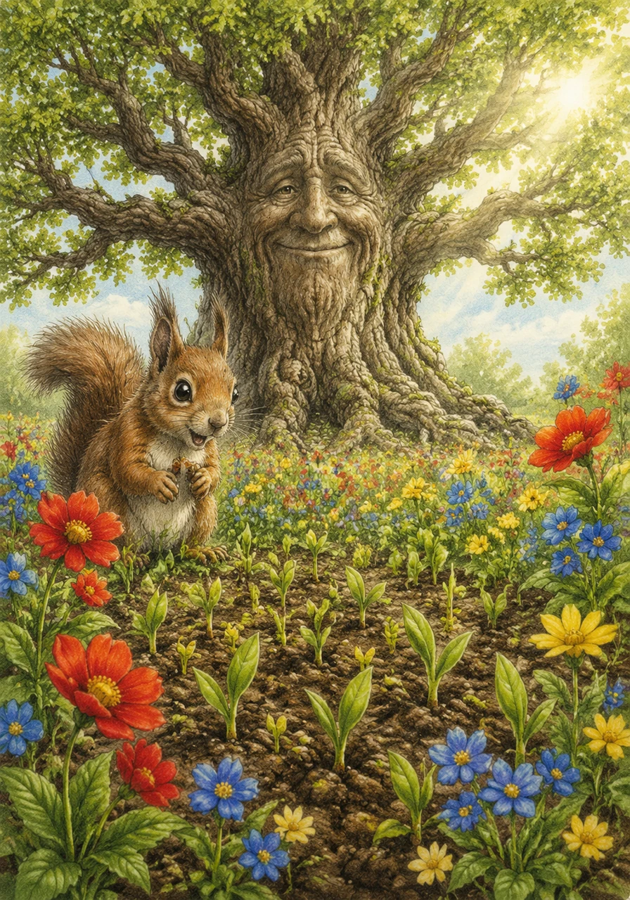 A few weeks later, a wonderful magic begins to happen as tiny green sprouts burst through the soil, reaching happily toward the sunlight. Bright red, blue, and yellow flowers bloom all around, filling the air with a sweet, fresh fragrance.