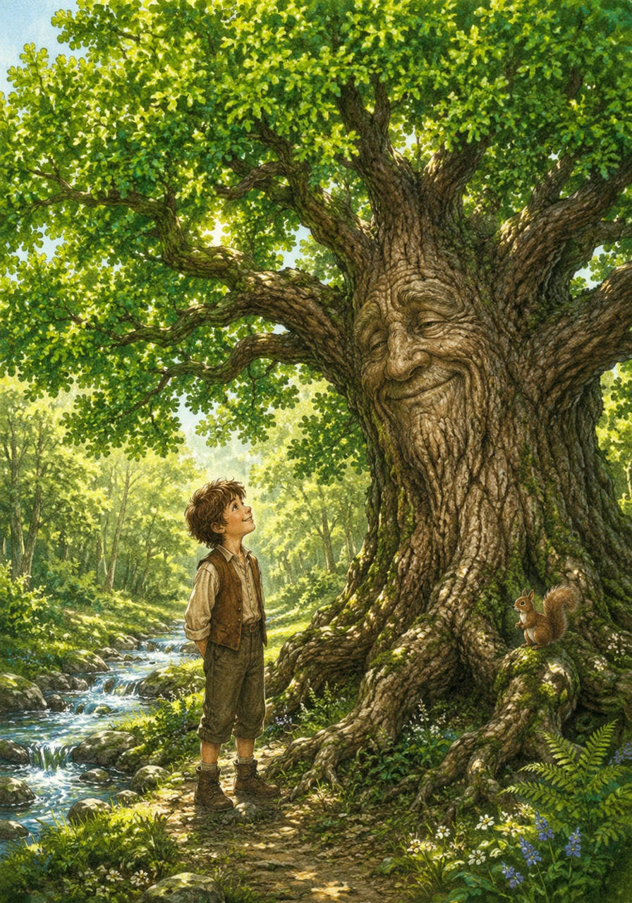 The old oak tree rustles its leaves joyfully, its deep green color fully restored, and thanks Aidan for showing true responsibility. The air feels cleaner, the stream sparkles brighter, and the entire forest hums with a vibrant, healthy energy.