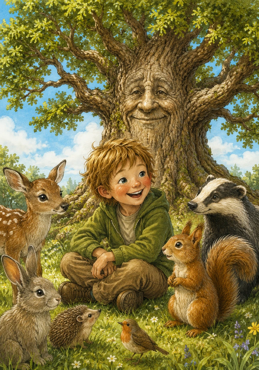 Aidan sits happily on a patch of soft green grass, surrounded by his joyful animal friends under a bright blue sky. He smiles widely, knowing that looking after the environment is a grand adventure that everyone can take part in.