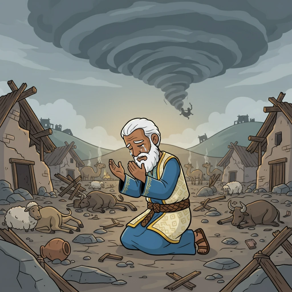 Un día terrible, Job perdió todas sus posesiones y a sus hijos. A pesar de la tragedia, se arrodilló y alabó a Dios, demostrando su fe inquebrantable. El dolor era inmenso, pero Job mantenía su confianza en Dios.