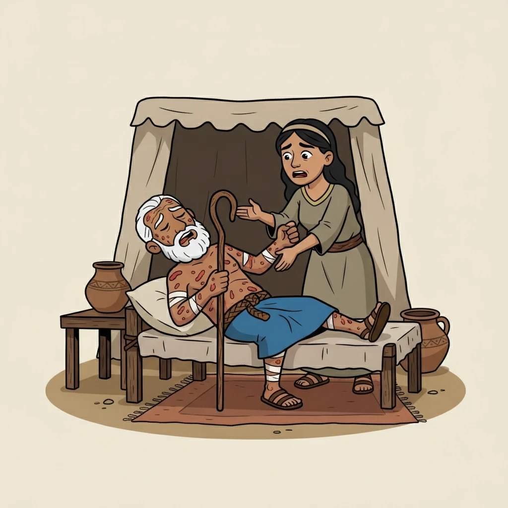 Luego, la enfermedad golpeó a Job, cubriendo su cuerpo de llagas dolorosas. Su esposa le instó a maldecir a Dios, pero Job se negó, manteniendo su fe incluso en el sufrimiento. Su sufrimiento era visible, pero su fe era aún más fuerte.