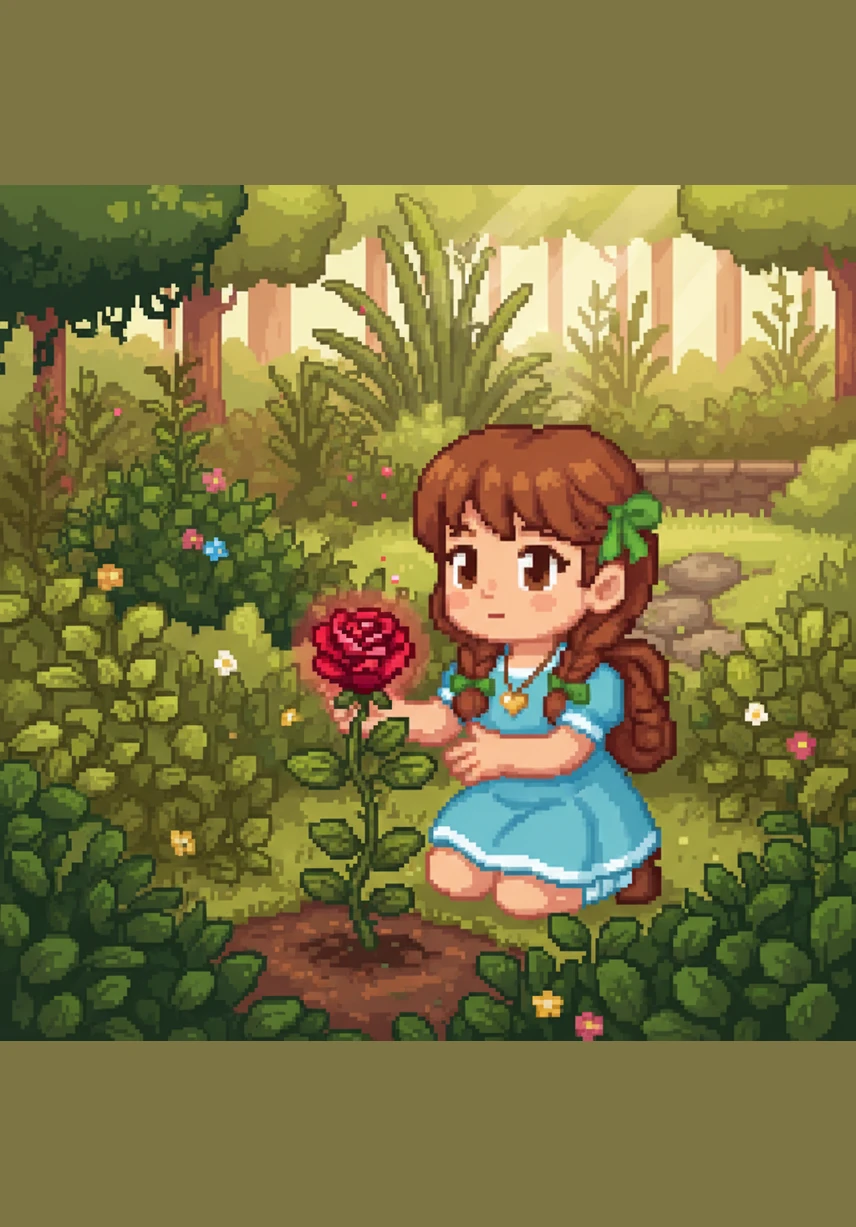Lily skipped through her grandmother’s overgrown garden, her eyes catching a flicker of deep crimson among the weeds. As she knelt down, she noticed one particular rose glowing with a soft, ethereal light. It seemed to pulse with a gentle heartbeat, drawing her closer than any flower ever had before.