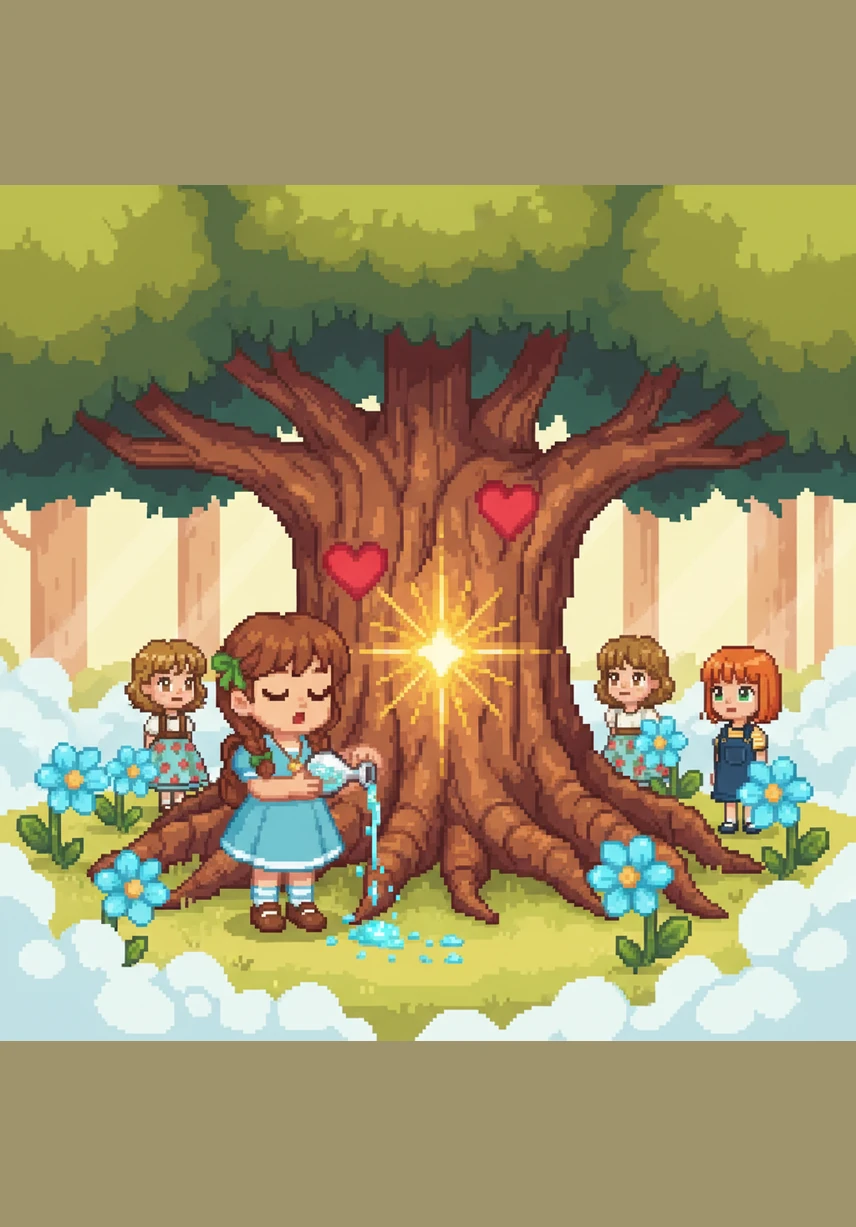 Lily remembered the stories her grandmother told her and began to recite them aloud with love and conviction. As she spoke, she gathered dew from the singing flowers and poured it onto the thirsty roots of the Heart Tree. A brilliant spark ignited within the trunk, spreading warmth through the cold mist.