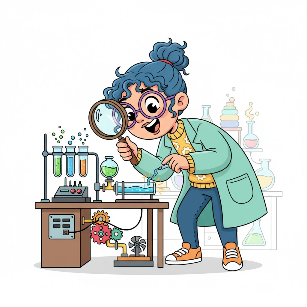 Professor Pip, a cheerful inventor with a magnifying glass, is in a lab filled with bubbling tubes and whirring gadgets. They are peering closely at a tiny stream of water flowing through a miniature pipe, eager to understand its secrets.