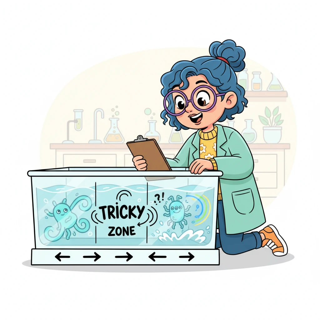 Professor Pip observes a tiny, mischievous 'Wobble Sprite' dancing in the water flow. The sprite moves smoothly when the water is slow, but gets a little twitchy in the middle 'Tricky Zone' and then spins wildly when the water rushes fast.