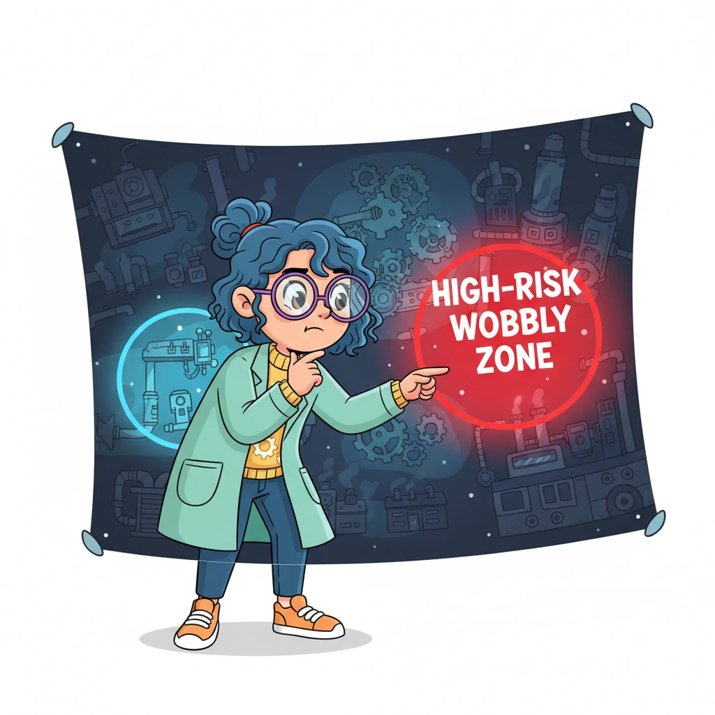 Professor Pip consults a fantastical 'Wobble Risk Map,' a glowing chart showing different areas of a big, imaginary factory. Some areas are calm blue, but a central section glows fiery red, labeled as the 'High-Risk Wobbly Zone.'