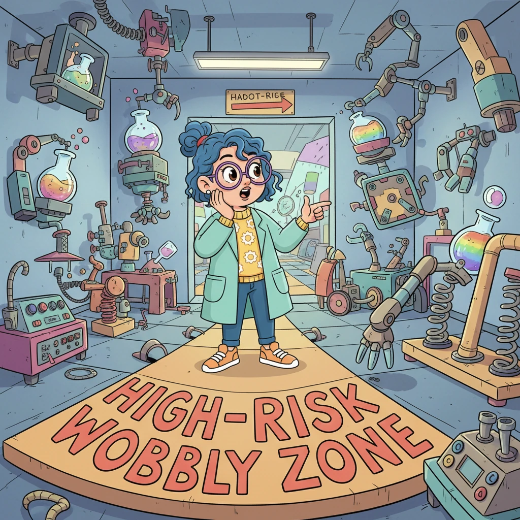 Professor Pip discovers that most of the factory's most important and delicate tasks, like carefully mixing rainbow potions or precisely assembling robot parts, happen right inside this 'High-Risk Wobbly Zone.' It’s where the machines need to be steadiest!