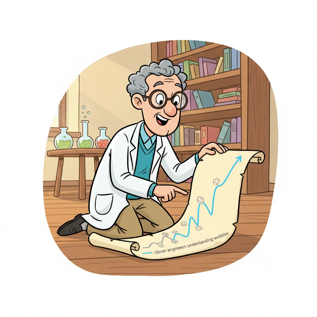Professor Pip looks at an old scroll, a 'Scroll of Wobble History,' showing a timeline of 'wobbly incidents' over many years, represented by a bumpy grey line. Alongside it, a smoother blue line shows how clever engineers slowly got better at understanding the wobbles.