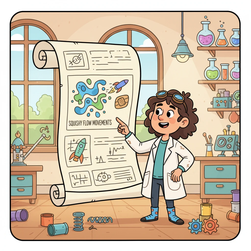 Around the middle of the scroll, Professor Pip points to a section where the engineers made a clever discovery about 'Squishy Flow Movements.' This helped reduce some wobbles, but didn't solve everything, like putting a small patch on a big leak.