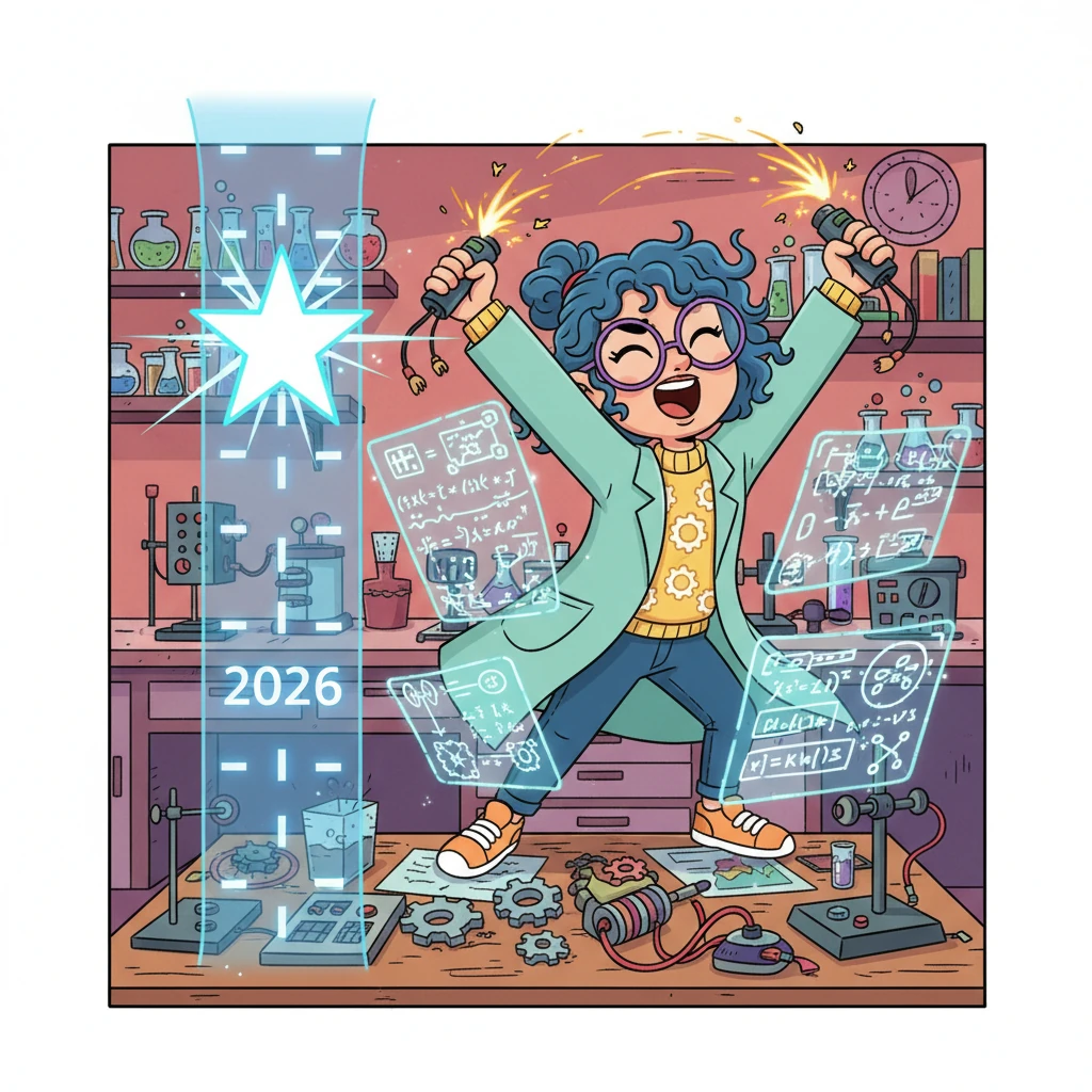 With determination, Professor Pip works tirelessly, experimenting with new gadgets and equations, surrounded by sparks and diagrams. Suddenly, a bright star flashes on the timeline, marking the year 2026, and Professor Pip shouts, 'Eureka! The Breakthrough!'