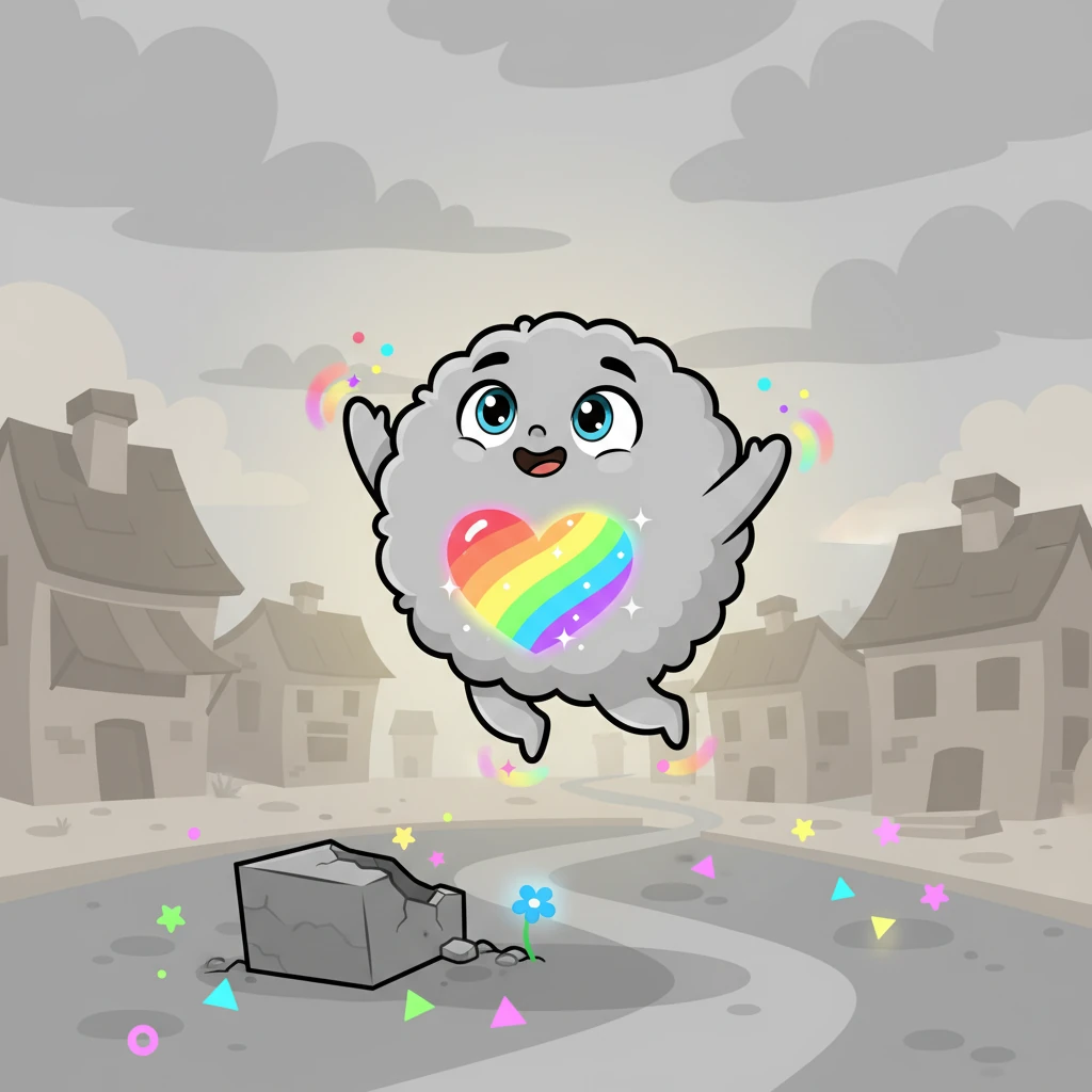 In a world of soft, muted grays and browns lived Pixel, a small, round character with a heart bursting with rainbow ideas. She loved bright colors and playful shapes, but everything around her seemed a bit sleepy and plain. Pixel often dreamed of a place where every corner sparkled with joy and unexpected fun.