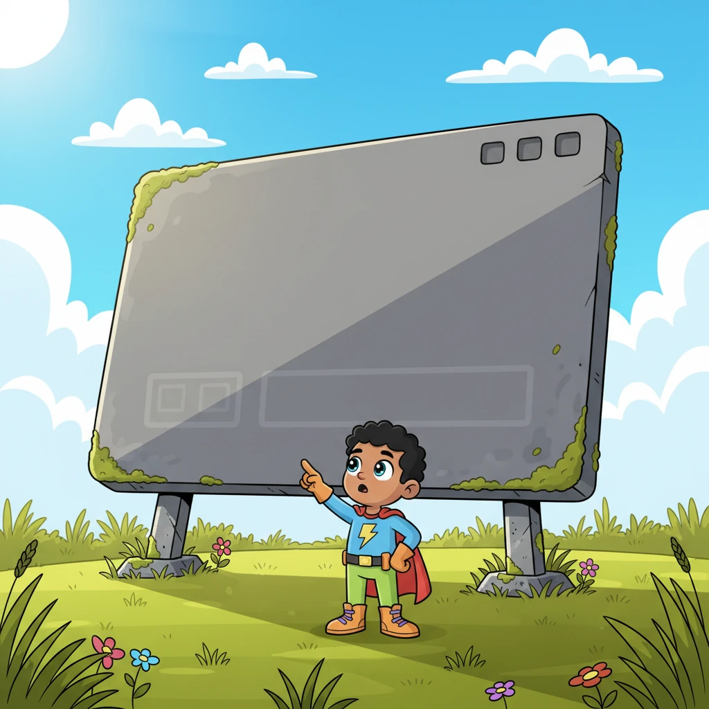 One sunny morning, Pixel stumbled upon a giant, dusty 'website' – a forgotten, enormous screen standing tall and silent in a quiet meadow. Its surface was a dull, uniform gray, with old, unreadable buttons and faded lines. It looked so sad and lonely, like it had been waiting for someone to bring it to life.