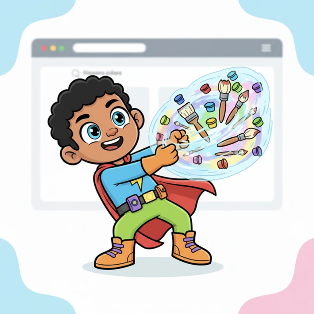 Pixel’s eyes widened with a brilliant idea! She knew exactly what to do. With a determined grin, she pulled out her magical 'design palette' – a swirling vortex of glowing brushes and pots filled with every cheerful color imaginable. This website needed a splash of Pixel's special magic!
