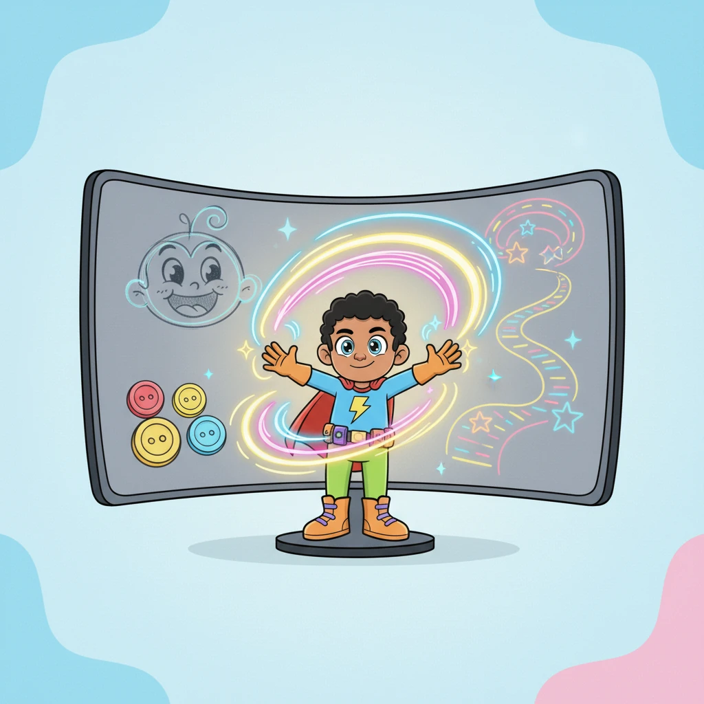 With a flourish, Pixel began to sketch. Dynamic, flowing lines danced across the dull screen, forming playful characters, bouncy buttons, and whimsical pathways. Her tiny hands moved with incredible speed and grace, leaving trails of light as she imagined a world of fun.