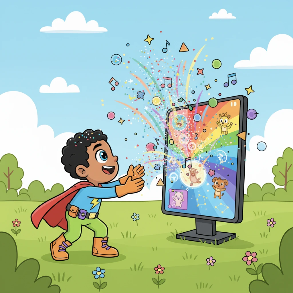 The transformation was spectacular! The once-dull screen was now a riot of bright, cheerful colors, filled with interactive wonders and animated surprises. Sparkling glitter flew from the screen, and happy, bubbly sounds echoed through the meadow as Pixel put the finishing touches on her masterpiece.