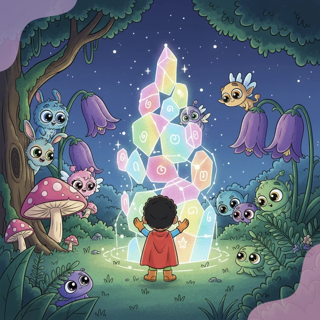 Soon, curious little creatures from all over the meadow were drawn to the dazzling light and joyful sounds. They peeked around trees and flowers, their big, expressive eyes wide with wonder at the magnificent, colorful creation Pixel had brought forth.