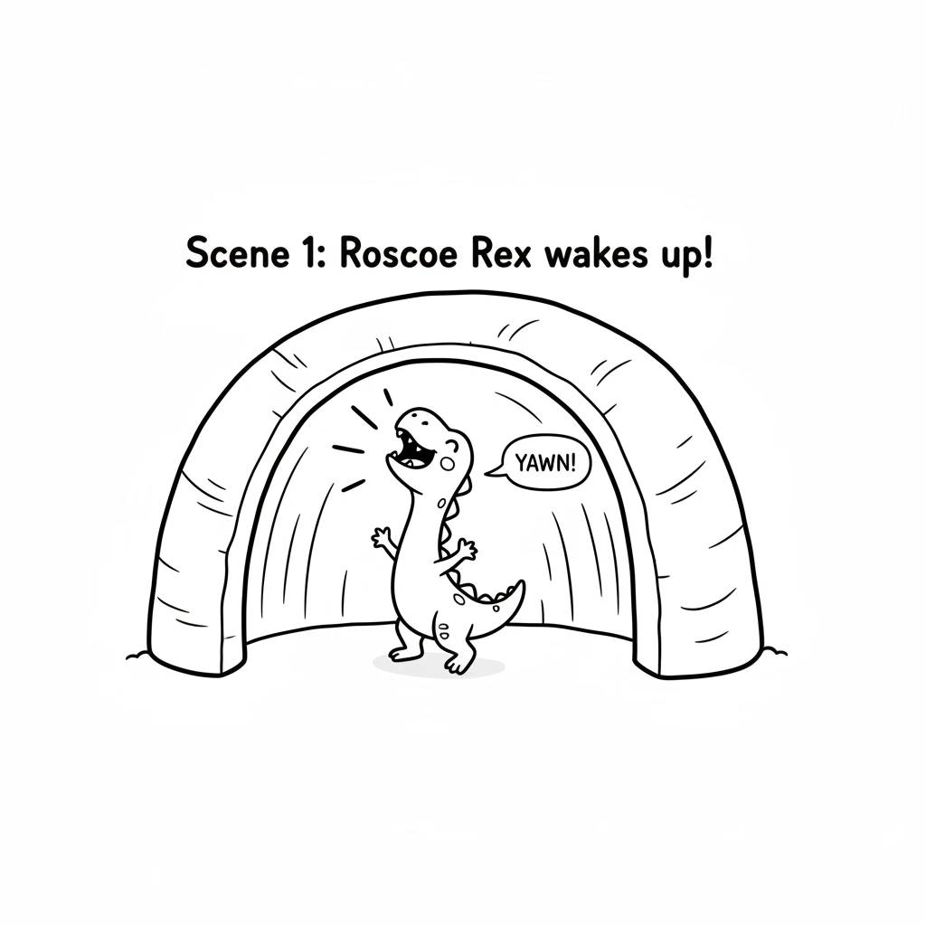 Roscoe Rex wakes up in his cozy cave. He stretches his big neck and yawns a tiny yawn. Sunlight peeks through the cave entrance, warming his scales.