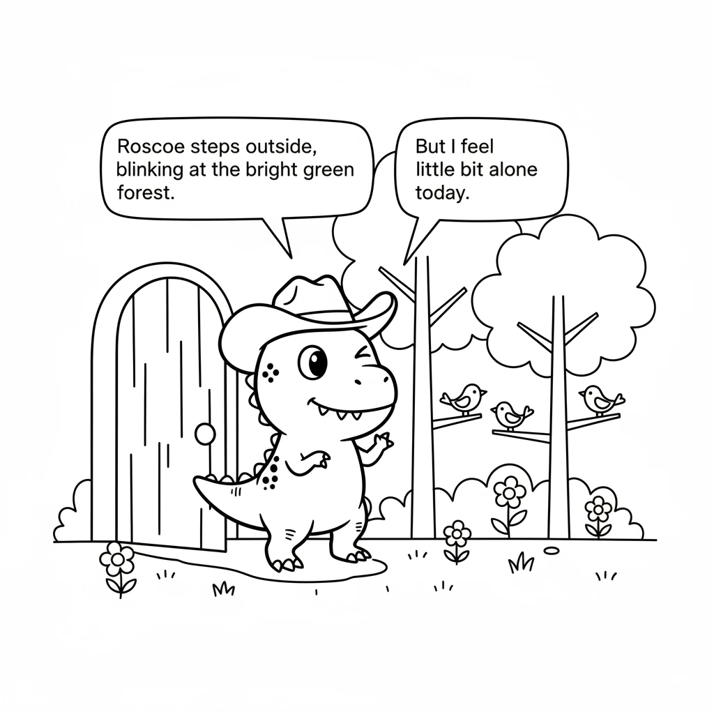 Roscoe steps outside, blinking at the bright green forest. He sees little birds chirping and flowers blooming. But Roscoe feels a little bit alone tod