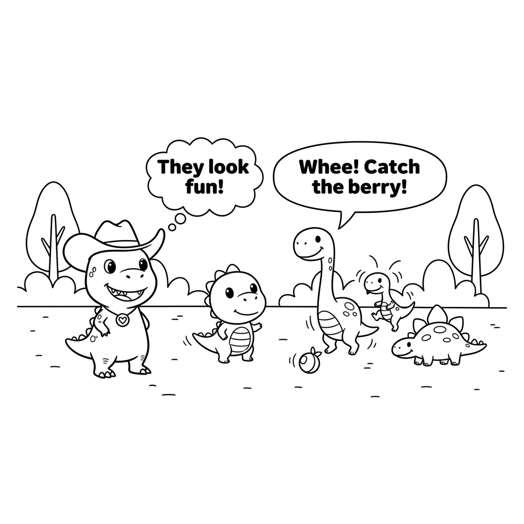 In a sunny clearing, Roscoe spots some small dinosaurs playing. A long-necked Bronto, a speedy Compy, and a spiky Stego are chasing a rolling berry. T