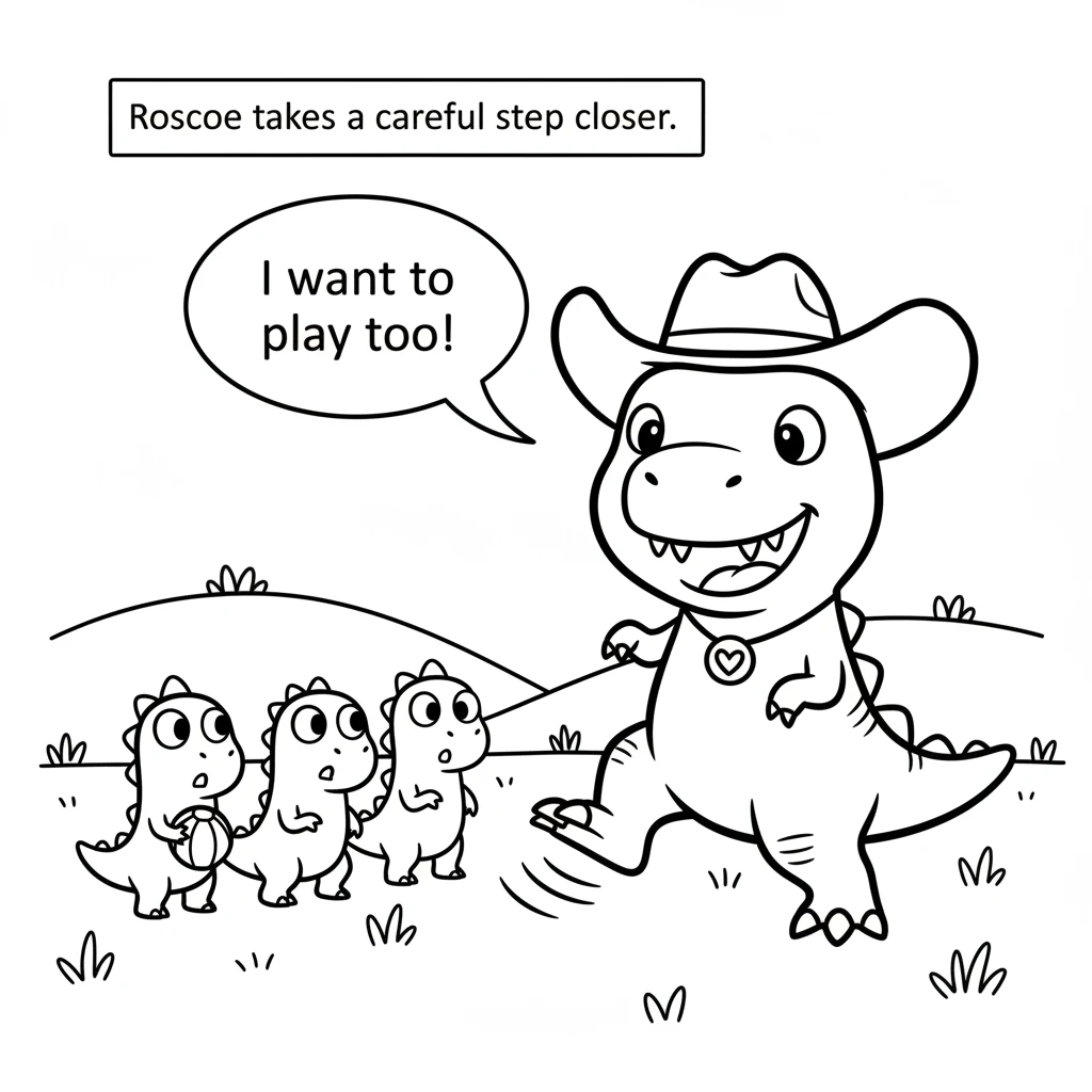 Roscoe wants to play too! He takes a careful step closer. His big feet make a thumping sound. The small dinosaurs stop their game and look up, their e