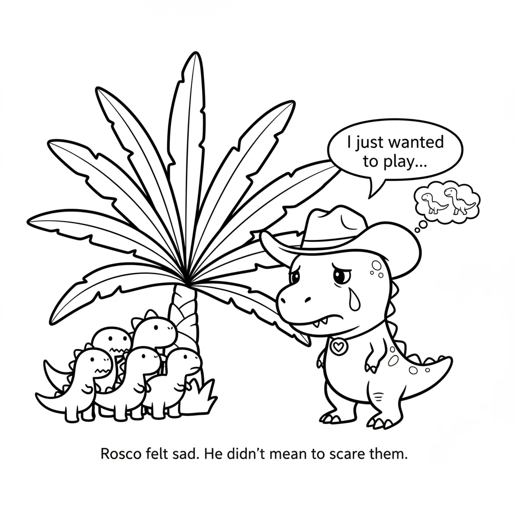 The little dinosaurs quickly hide behind a big fern. Roscoe lowers his head, feeling sad. He didn't mean to scare them, he just wanted to join the fun
