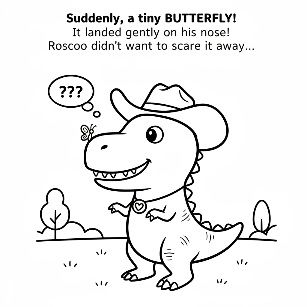 Suddenly, a tiny, colorful butterfly flutters by Roscoe's nose. It lands gently on his big, green snout. Roscoe freezes, careful not to move.