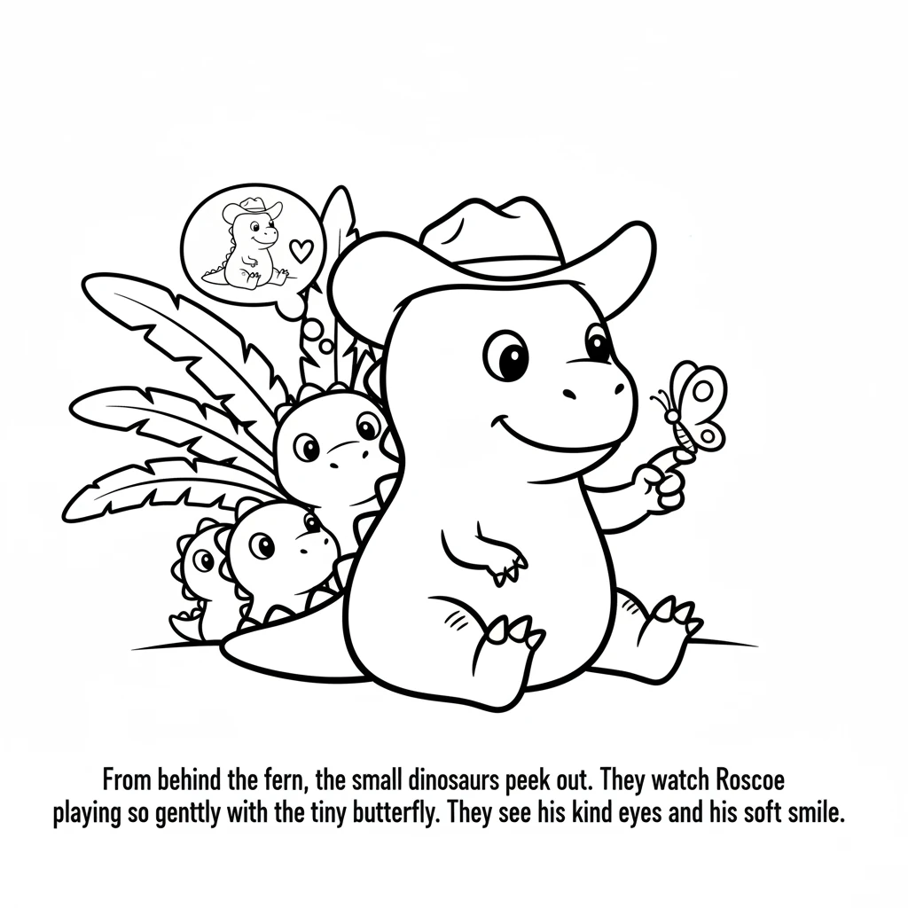From behind the fern, the small dinosaurs peek out. They watch Roscoe playing so gently with the tiny butterfly. They see his kind eyes and his soft s