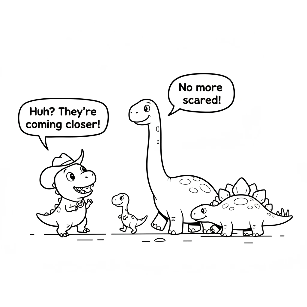 Slowly, the Bronto takes a brave step forward, then the Compy, then the Stego. They walk towards Roscoe, no longer afraid. Roscoe looks up, surprised.