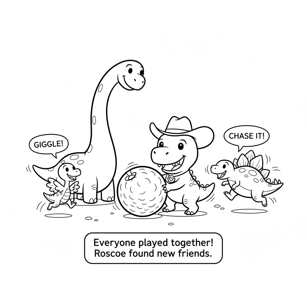 Roscoe, Bronto, Compy, and Stego are all playing together! Roscoe is carefully pushing the big rolling berry with his snout, while the smaller dinosau