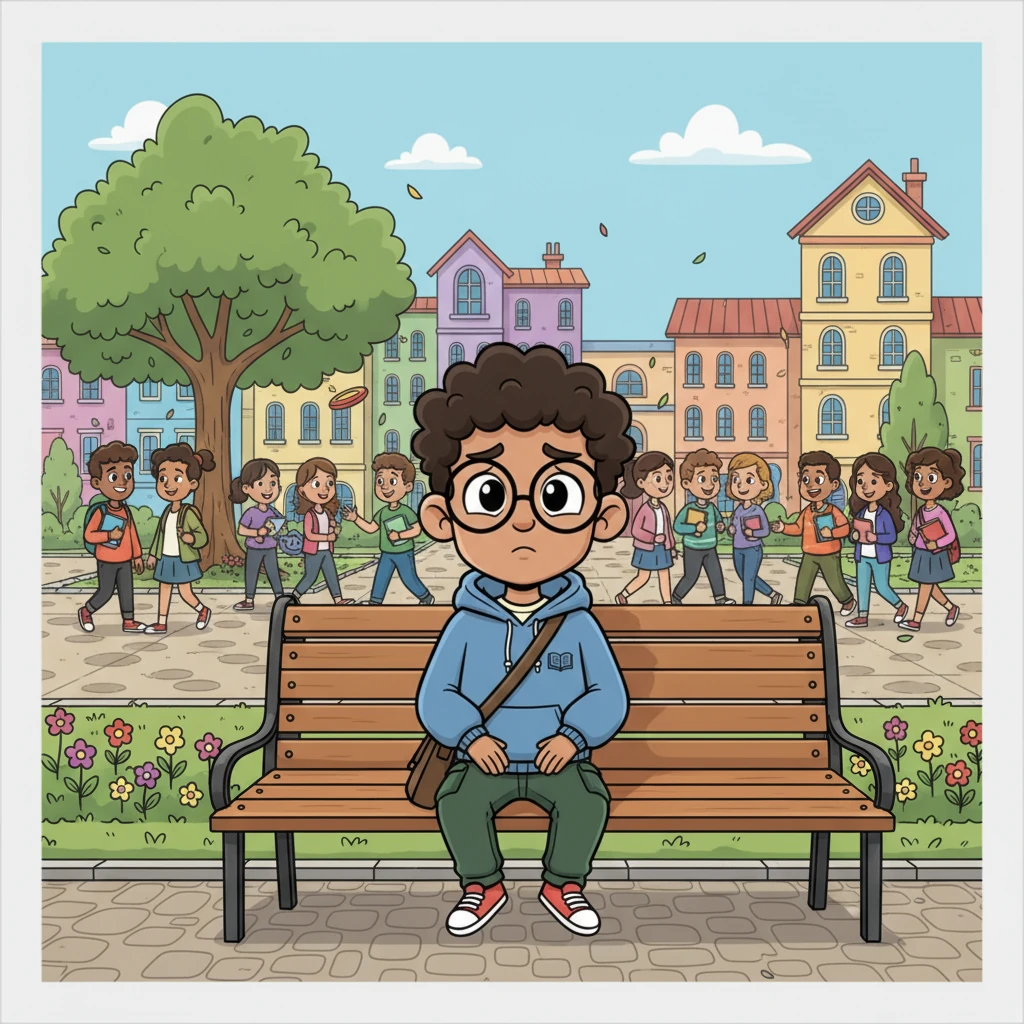 Aarav sat alone on a bustling college campus bench, his shoulders slumped and a faraway look in his eyes. He felt like a tiny, misplaced puzzle piece in a giant, vibrant picture. The bright buildings and laughing students seemed distant, making him feel even more lost and out of place.