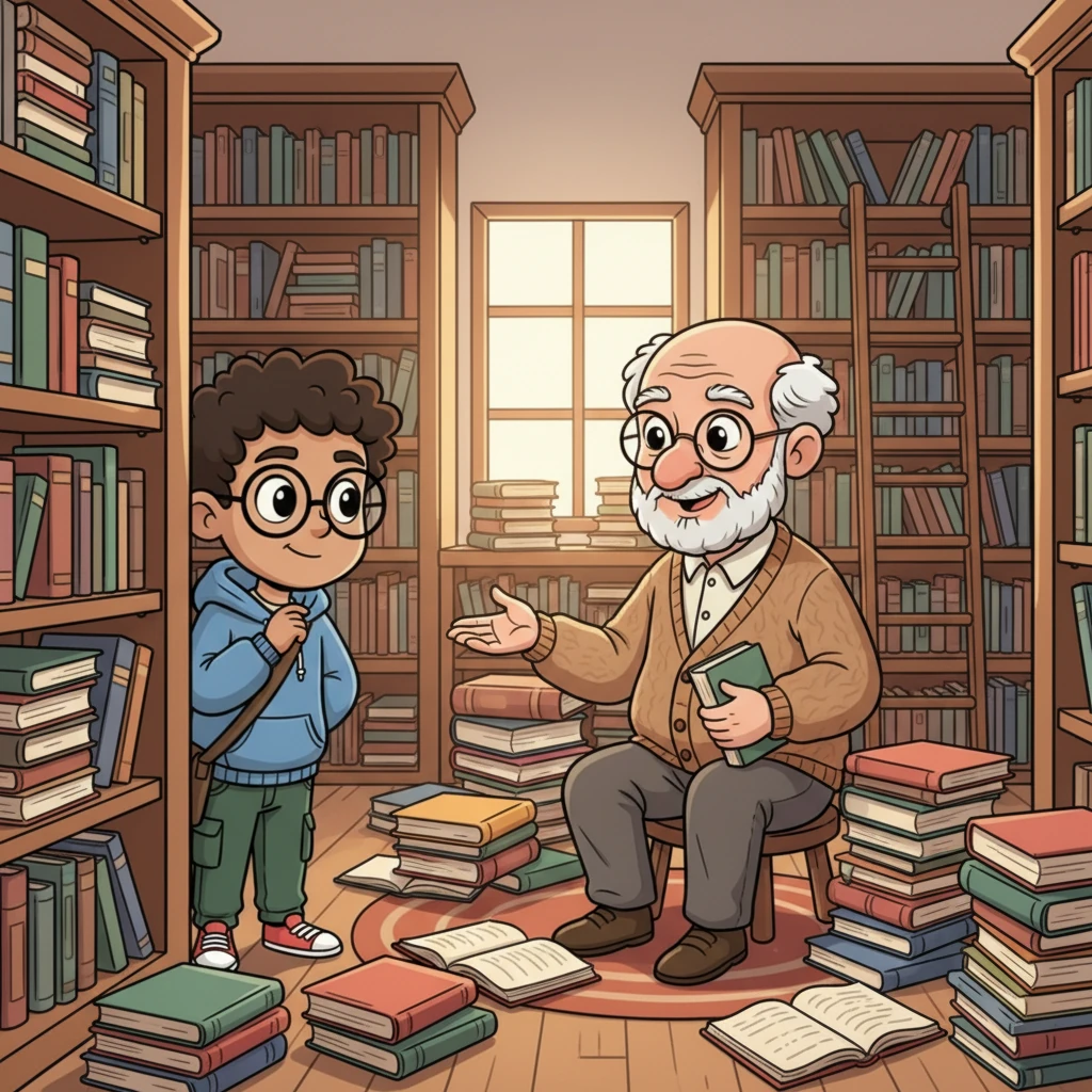 Peeking inside, Aarav saw an elderly man with twinkling eyes sorting books. The kind man offered a gentle smile and asked if Aarav might lend a hand with the overflowing shelves. Aarav, though shy, felt a tiny spark of interest and nodded his agreement.