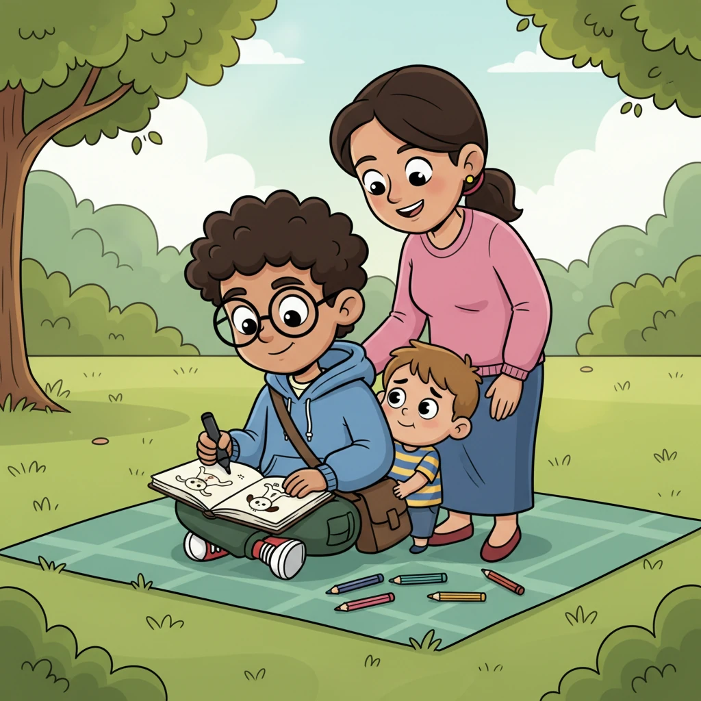 One afternoon, a very shy boy clung to his mother, refusing to speak. Aarav quietly sat beside him, sketching funny cartoons on a scrap of paper until a giggle escaped the boy's lips. From that day on, the little boy was a regular visitor, always seeking Aarav.