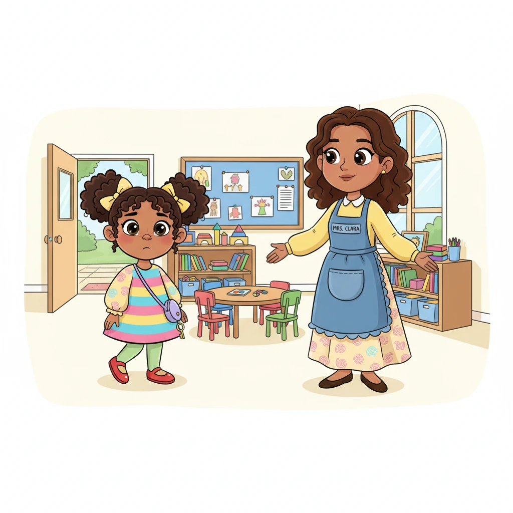 Every morning at preschool, Sofia would quietly slip into the classroom without a word. Her kind teacher, Mrs. Clara, would greet her warmly, "Good morning, Sofia!" but Sofia would only look down and walk to her seat, a silent little shadow.