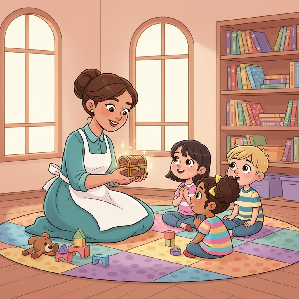 One day, Mrs. Clara gathered everyone on the rug. "Today, we're going to talk about magic words," she said softly, holding up a sparkling box. The children's eyes widened with excitement, eager to hear more about these mysterious words.