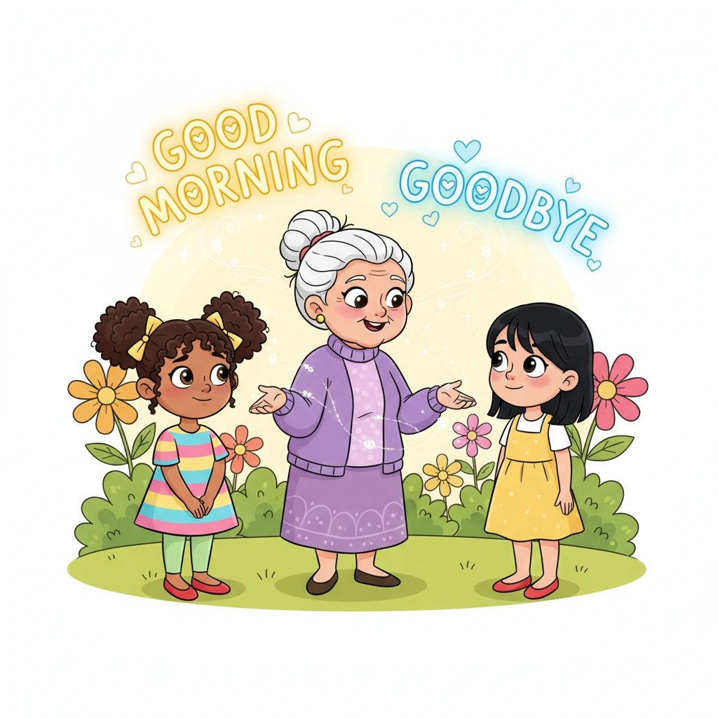 Mrs. Clara explained, "These words open hearts! When we say 'good morning,' we're really saying, 'I'm happy to see you.' And 'goodbye' means, 'It was lovely sharing time with you.'" She looked gently at Sofia, adding, "Sometimes we don't greet people because we're shy, but not greeting can make others think we don't care." Sofia felt a blush creep up her cheeks, realizing she never wanted her friends to feel that way.