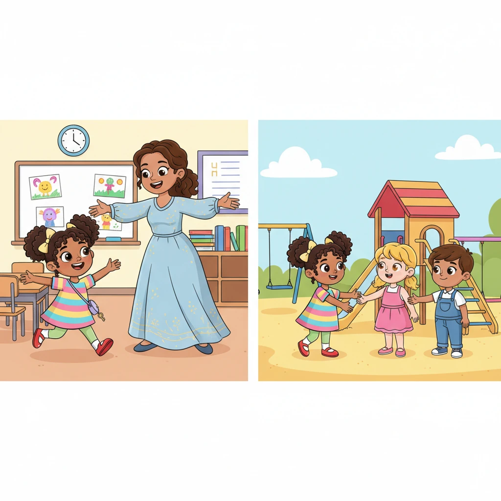 The very next day, Sofia bounded into the classroom and cheered, "Good morning, Mrs. Clara!" Her teacher opened her arms wide for a warm hug, "Good morning, Sofia! What a joy to hear you!" At recess, Sofia greeted two classmates, and they immediately invited her to play house with them.