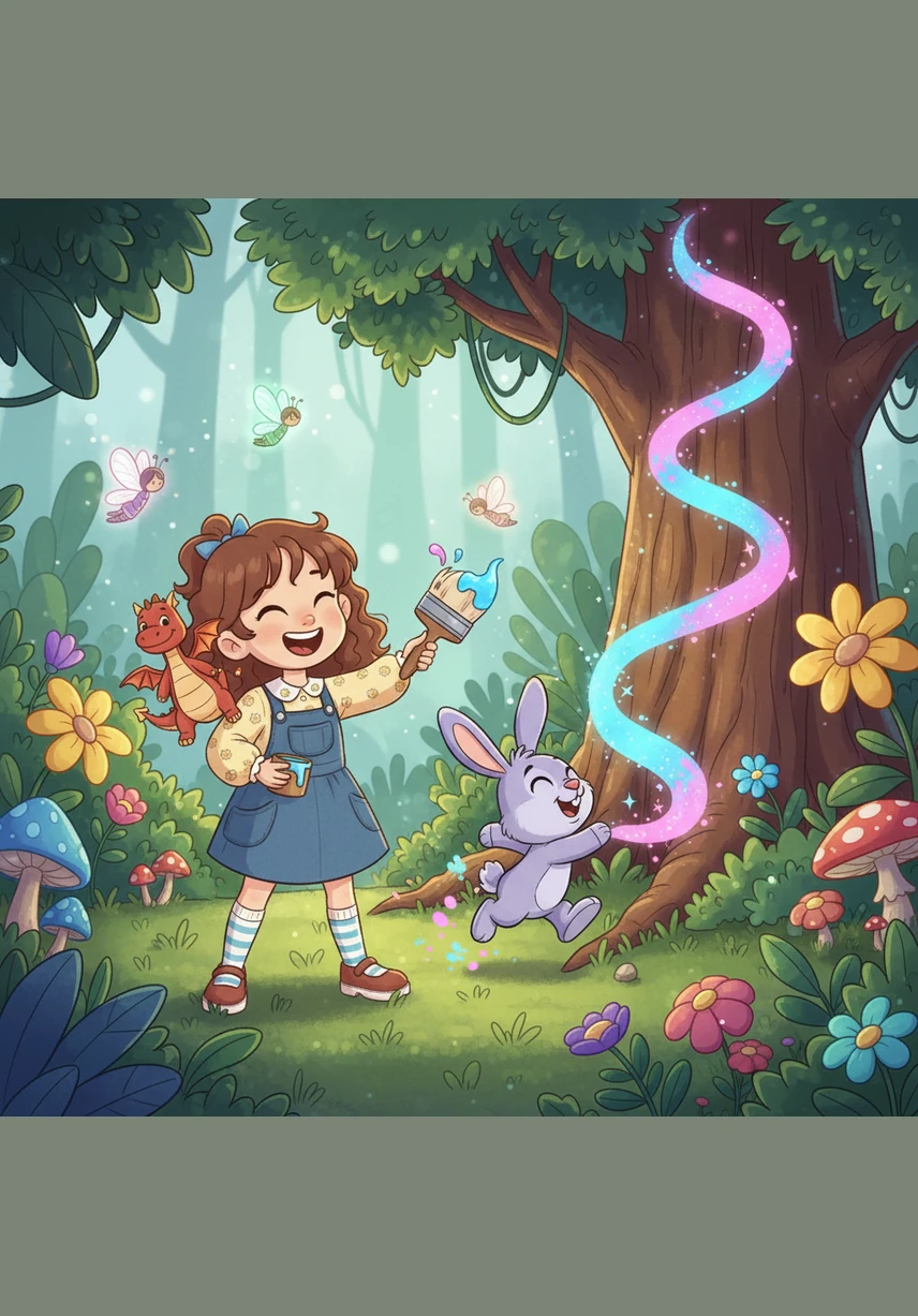 Lily laughs and paints a trail of sparkling stars across the emerald green grass. The stars glow softly, lighting up the shaded corners of the garden where the kittens like to take their afternoon naps.