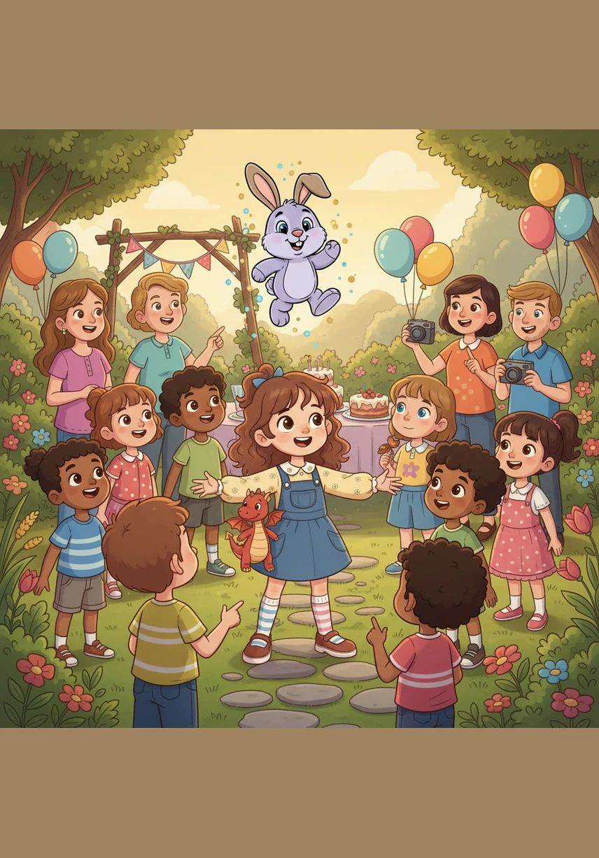 Her favorite stuffed rabbit, Barnaby, looks lonely on the garden bench, so Lily paints him a pair of real, twitching ears. Barnaby hops down with a wiggle of his nose, ready to join the afternoon festivities.