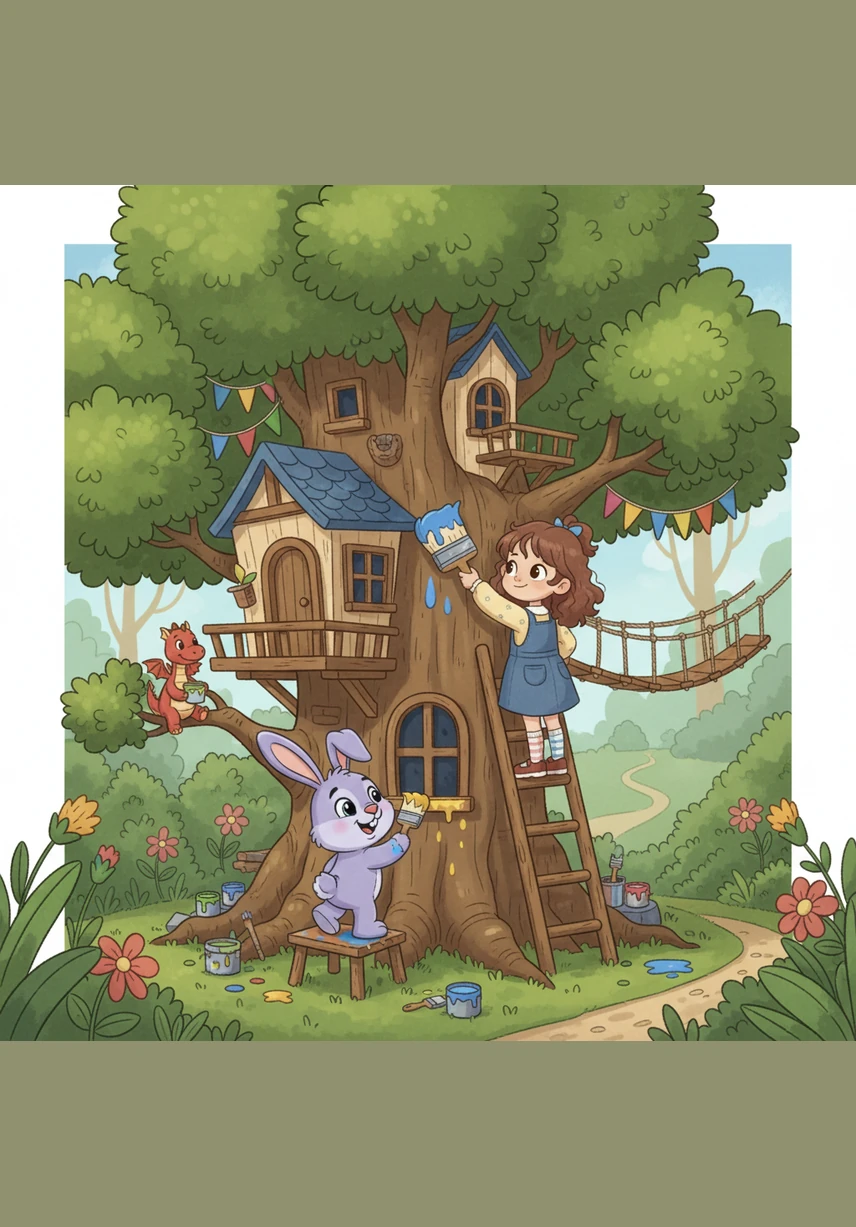 Lily paints a giant, colorful umbrella when a few silver raindrops begin to fall from a passing cloud. The umbrella is large enough to keep her and all her new magical friends dry and cozy.