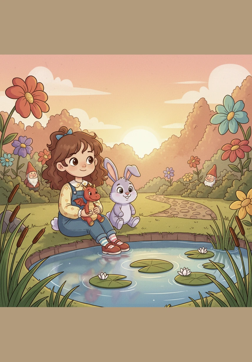 As the sun begins to set, Lily paints a fleet of tiny paper boats in the garden pond. They glow like little lanterns, drifting peacefully across the water's surface in the twilight.