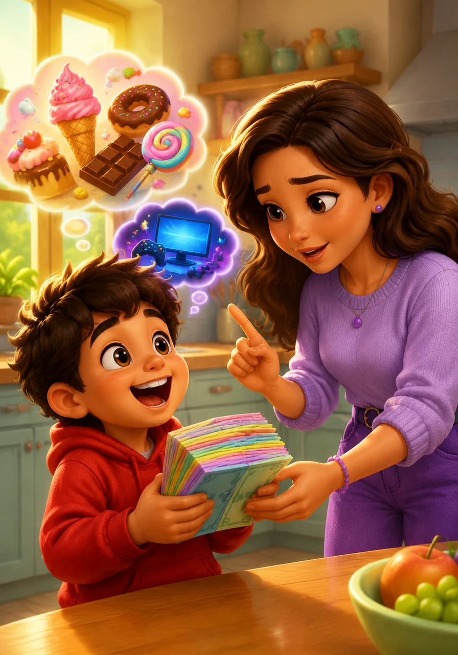 Tomás salta de alegría en la luminosa cocina mientras su mamá le entrega un fajo de billetes coloridos para los gastos de toda la semana. Con los ojos brillantes de emoción y su hoodie rojo bien puesto, el joven ya imagina un sinfín de golosinas y videojuegos, sin escuchar los sabios consejos de su madre.