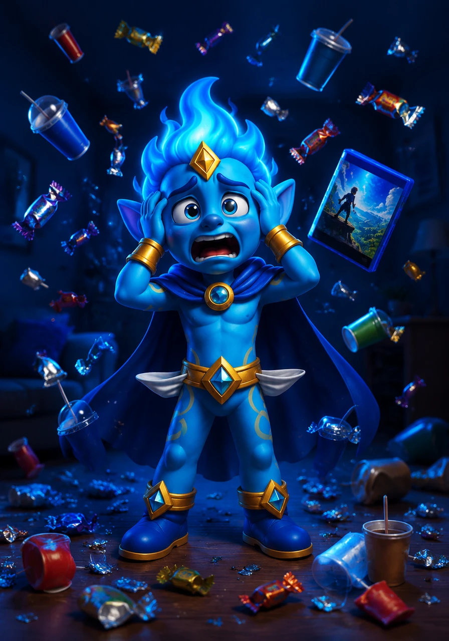 Bajo una luz dramática de color azul oscuro y con los bolsillos completamente vacíos volteados hacia afuera, Tomás se lleva las manos a la cabeza con una expresión cómica de absoluta tragedia. A su alrededor flotan envoltorios de dulces, vasos vacíos de refresco y un nuevo videojuego, revelando que gastó todo su dinero en un solo día.
