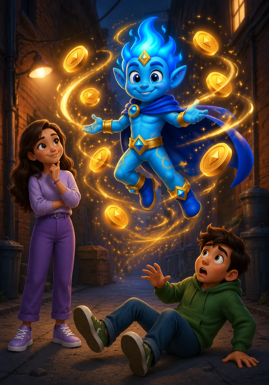 Una explosión de luces mágicas y destellos dorados ilumina el callejón cuando aparece flotando PresuMax, un divertido y brillante guardián con una capa azul ondeante y monedas resplandecientes girando a su alrededor. Valentina observa con una sonrisa inteligente mientras Tomás se cae de espaldas, asombrado por la entrada triunfal del espíritu del presupuesto.