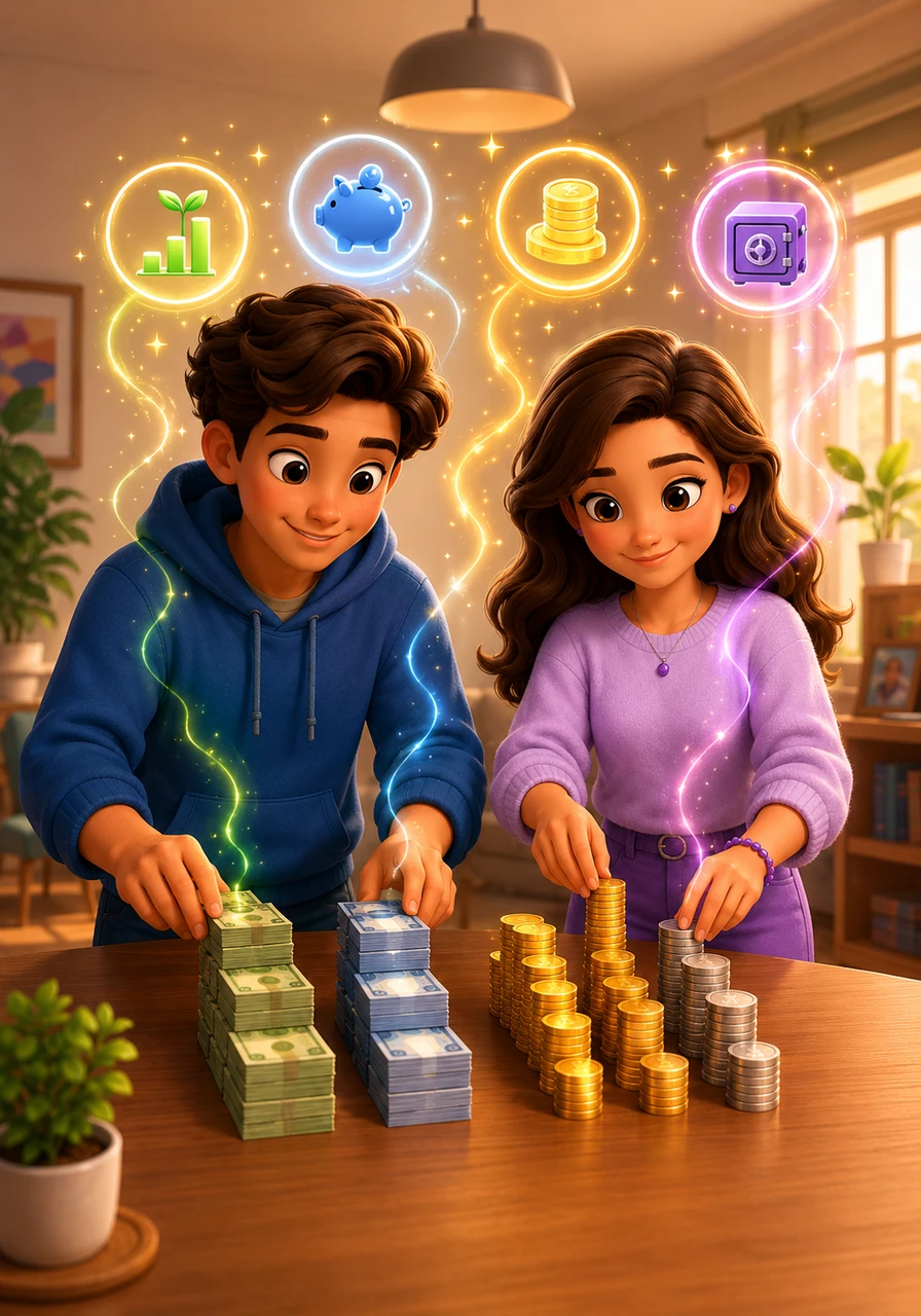Sentados en una mesa moderna y bajo una cálida iluminación cinematográfica, Tomás y Valentina organizan billetes y monedas en cuatro columnas mágicas etiquetadas como transporte, comida, ahorro y gustos. Los gráficos flotan en el aire mostrando de forma simple y divertida cómo el dinero ahora tiene un orden perfecto.