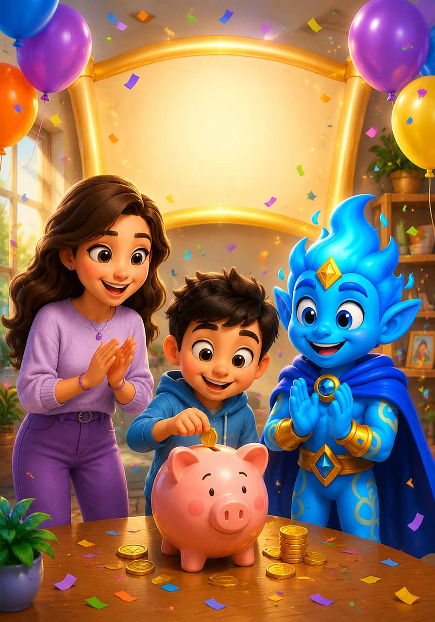 En una habitación llena de luz y globos festivos, Tomás deposita alegremente sus últimas monedas guardadas dentro de una alcancía con forma de cochinito que sonríe con ternura. Su mamá, Valentina y PresuMax celebran con aplausos y confeti flotante alrededor de un gran cartel brillante que recuerda que un presupuesto nos ayuda a organizar el dinero, ahorrar y cumplir todas nuestras metas.