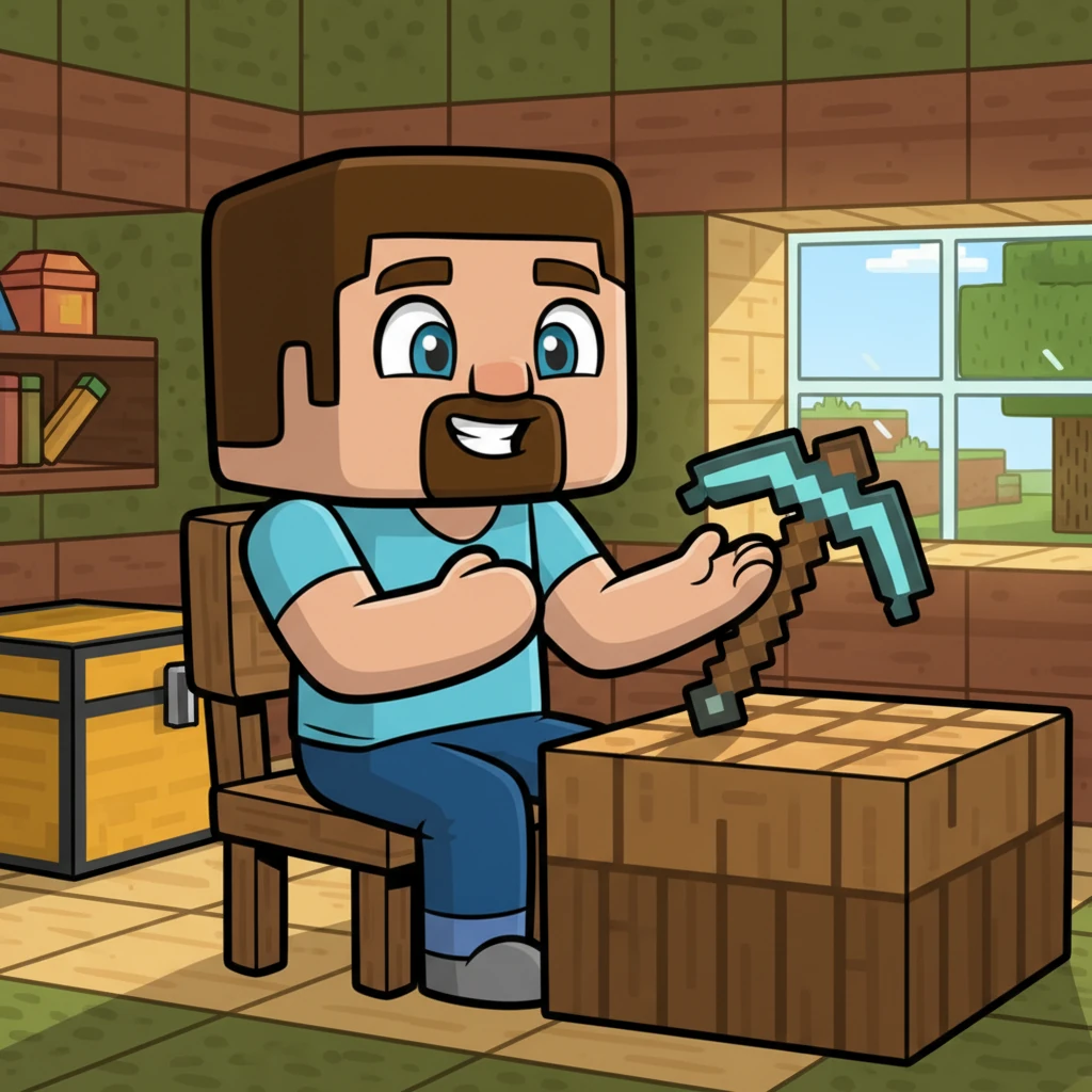 Blocky Bob, a square-headed adventurer with a big smile, sat on a blocky chair in his cozy, block-built home. He stared at his trusty pickaxe and a crafting table, a thoughtful look on his expressive face. "How does it all work?" he wondered aloud, dreaming of the magic that brought his blocky world to life. He decided right then and there to embark on a grand quest to uncover the secret "Minecraft Code."