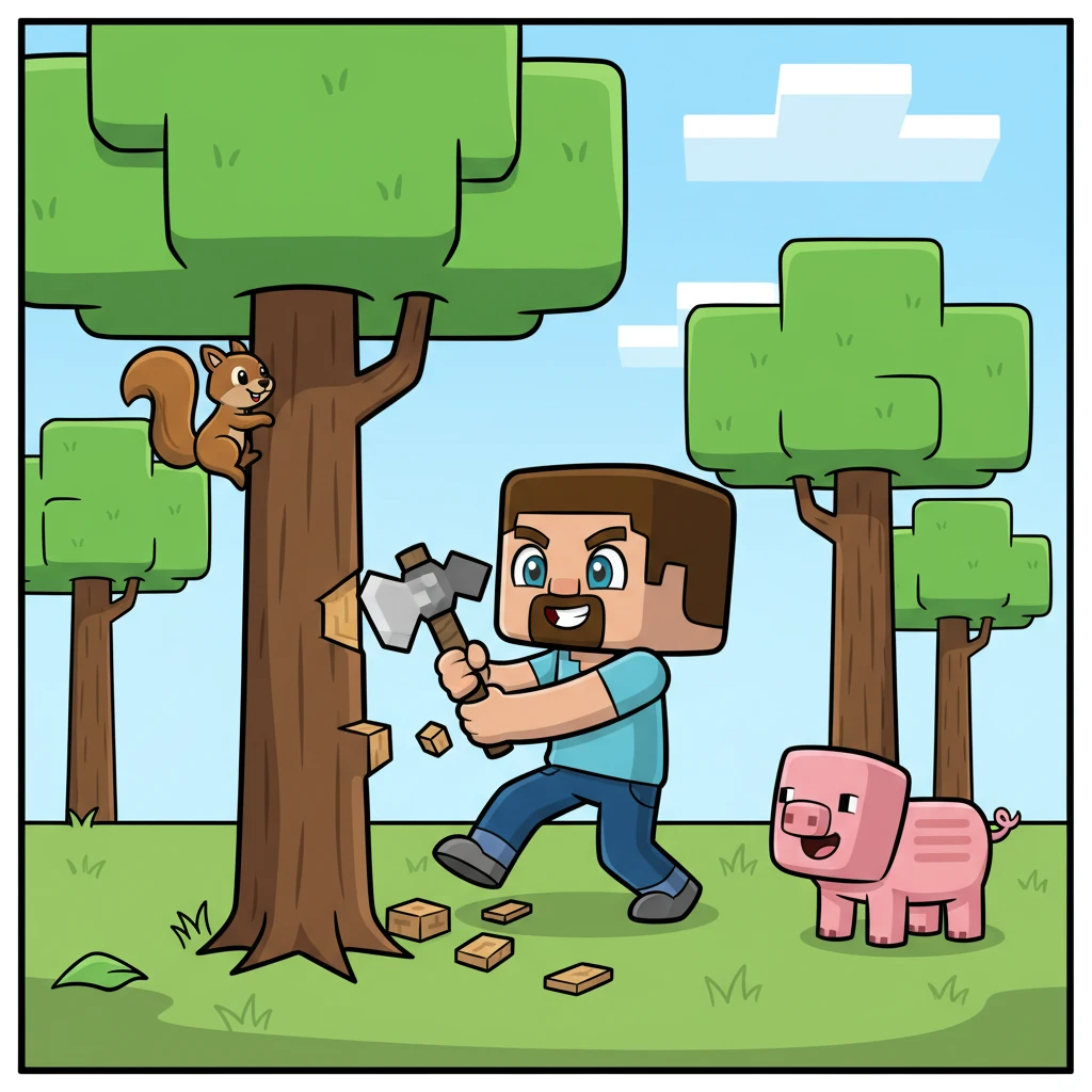 Bob ventured into a lush, blocky forest, where trees with vibrant green leaves reached for the sky. Friendly, pixelated squirrels scampered up trunks, and a cheerful block-pig oinked a greeting. Bob learned that gathering wood and leaves was the first step to creating anything wonderful in his world.