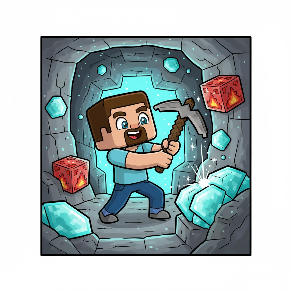 Deeper into his adventure, Bob discovered a sparkling cave entrance, glowing with bright blue lapis lazuli. With his pickaxe swinging, he carefully mined colorful ores like shimmering diamonds and glowing redstone. Each chip of his pickaxe echoed with the excitement of uncovering precious resources hidden beneath the earth.