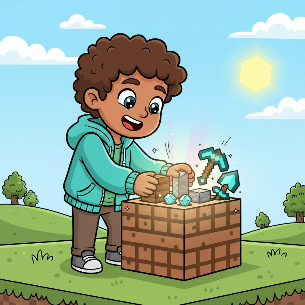 Back above ground, Bob excitedly placed his collected treasures onto a crafting table, which hummed with a soft, magical glow. With a few clicks and clacks, he transformed raw materials into sturdy tools and useful items. It was like solving a puzzle, turning simple blocks into something amazing, and he realized this was a big part of the "code."